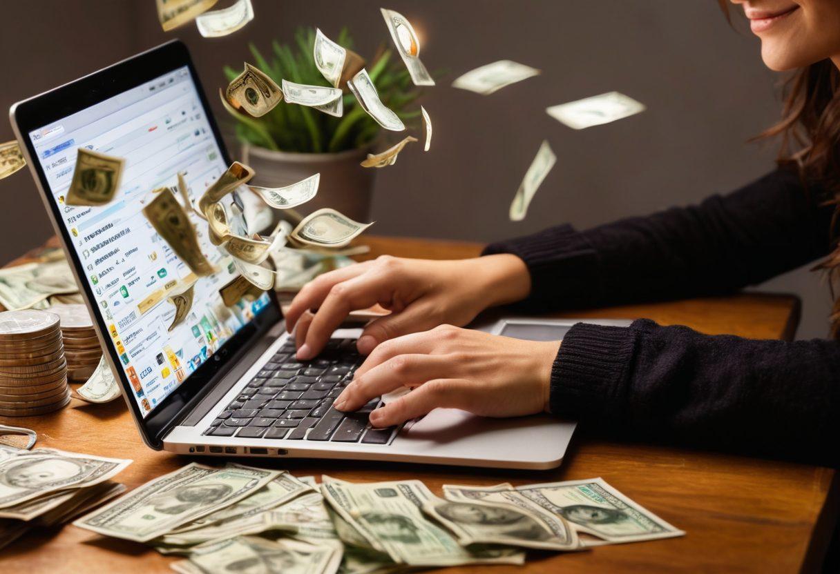 A person sitting comfortably at a cozy desk, happily reading emails on a laptop with dollar bills and coins visually flowing around them, symbolizing effortless cash flow. A warm light illuminates the scene, creating a relaxed atmosphere. Include motivational words like 'Easy Cash' floating in the background. super-realistic. vibrant colors. cozy ambiance.