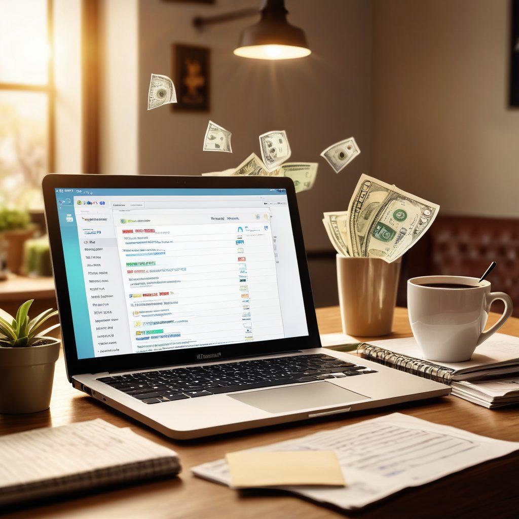 A visually captivating desktop setting with an open laptop displaying an inbox full of exciting email offers, surrounded by dollar bills subtly floating around. An enthusiastic person reading emails on the laptop with a satisfied smile and a bright light illuminating the scene. The background includes a notepad with notes on financial growth and a fresh cup of coffee. super-realistic. vibrant colors. warm lighting.