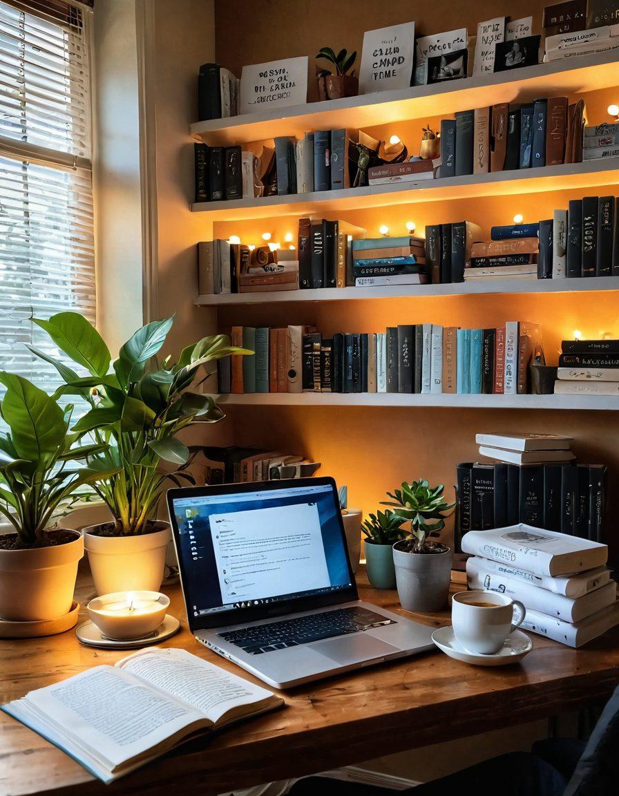 A cozy home office setting with a person comfortably reading emails on a laptop, surrounded by motivational quotes and stacks of books, warm lighting creating an inviting atmosphere. Include a cup of coffee and a potted plant for a touch of life. super-realistic. vibrant colors. warm tones.